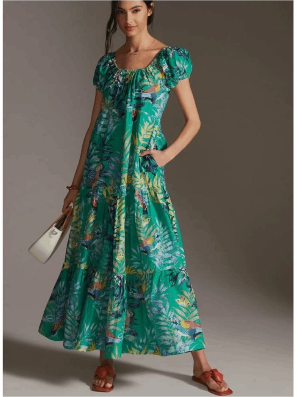 Maeve Anthropologie Tropical Maxi Dress Green Floral Pockets Tiered Cotton Flowy